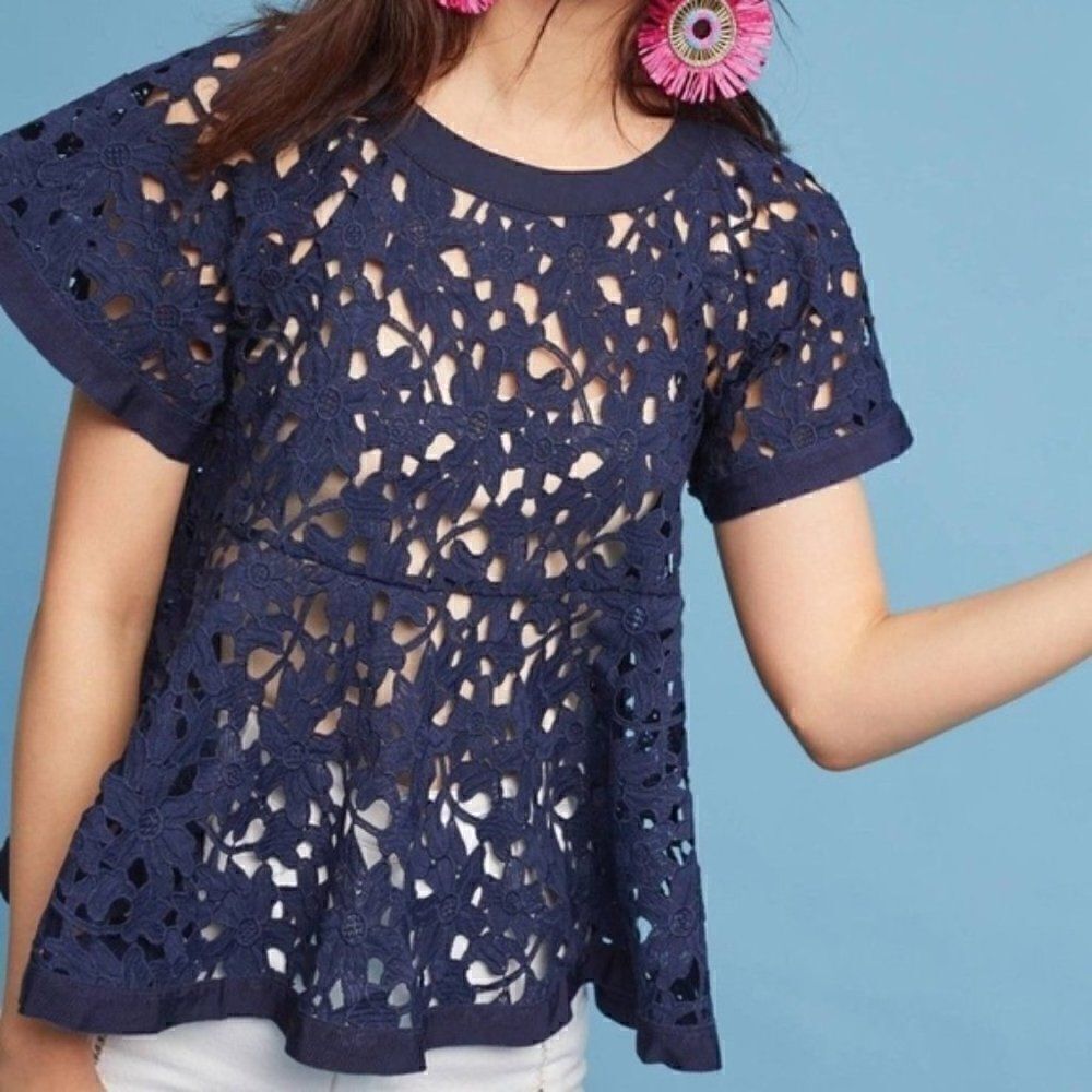 Antropologie Eri-Ali Navy Blue Lace Perlum Top Size S/P
